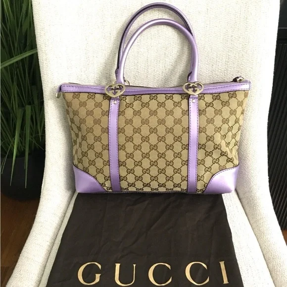 Authentic Gucci tote bag brown monogram canvas purple leather - Picture 3 of 16